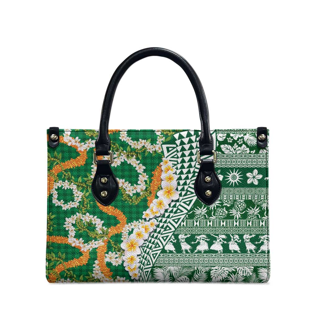 Hawaiian Plumeria Lei Leather Bag Kakau Motifs and Palaka Half Style Green Color - Polynesian Pride