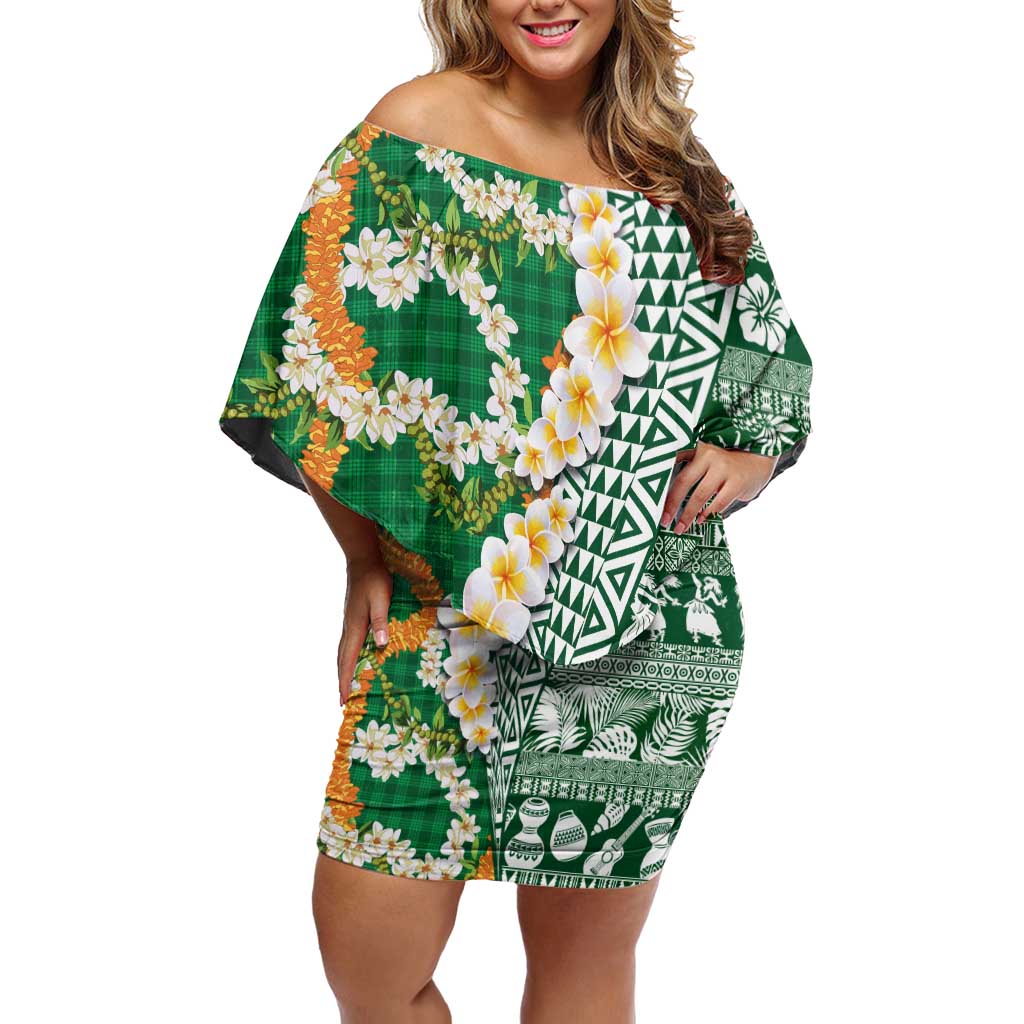 Hawaiian Plumeria Lei Off Shoulder Short Dress Kakau Motifs and Palaka Half Style Green Color LT03 Women Green - Polynesian Pride
