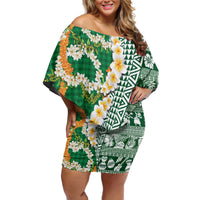 Hawaiian Plumeria Lei Off Shoulder Short Dress Kakau Motifs and Palaka Half Style Green Color LT03 Women Green - Polynesian Pride
