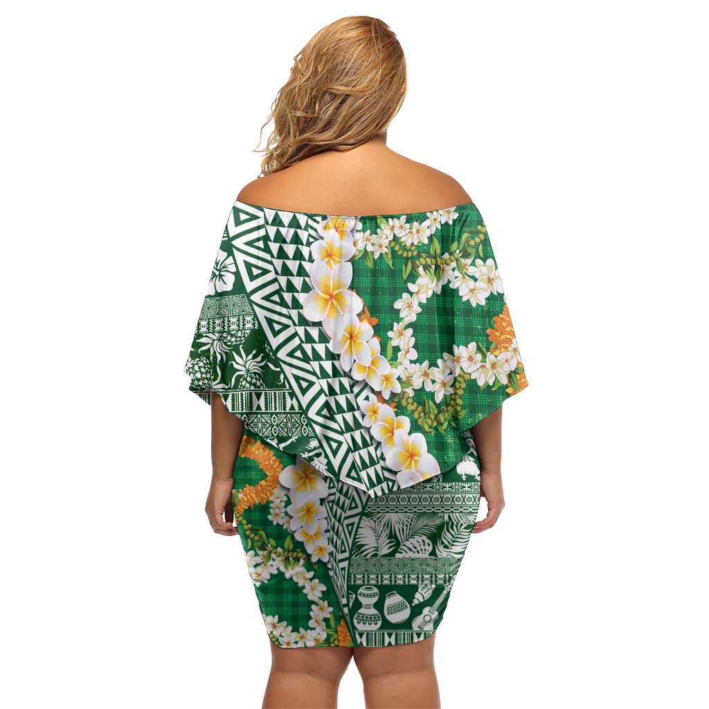Hawaiian Plumeria Lei Off Shoulder Short Dress Kakau Motifs and Palaka Half Style Green Color LT03 - Polynesian Pride