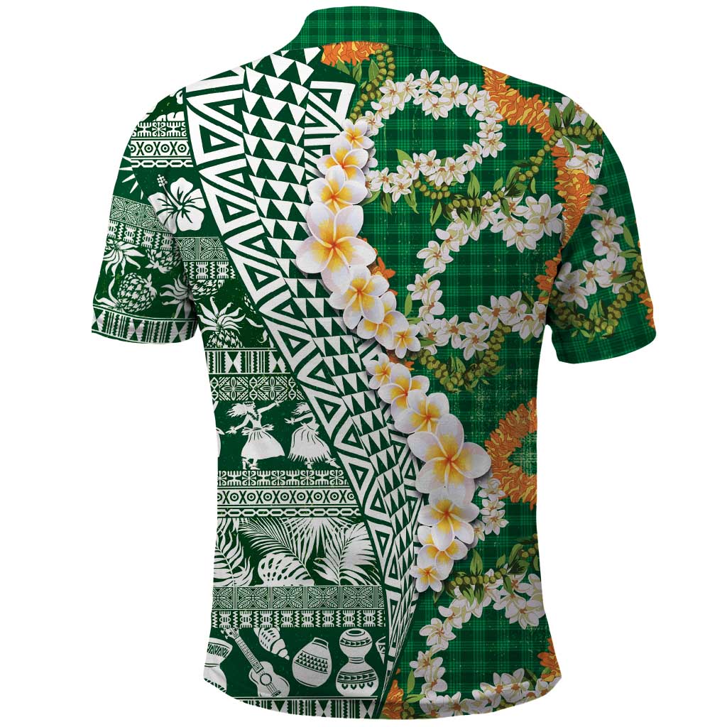 Hawaiian Plumeria Lei Polo Shirt Kakau Motifs and Palaka Half Style Green Color LT03 - Polynesian Pride