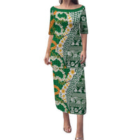 Hawaiian Plumeria Lei Puletasi Kakau Motifs and Palaka Half Style Green Color LT03 Long Dress Green - Polynesian Pride