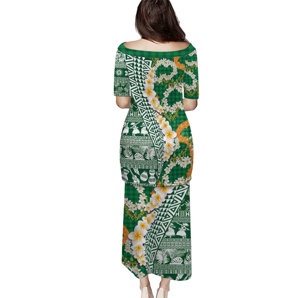 Hawaiian Plumeria Lei Puletasi Kakau Motifs and Palaka Half Style Green Color LT03 - Polynesian Pride