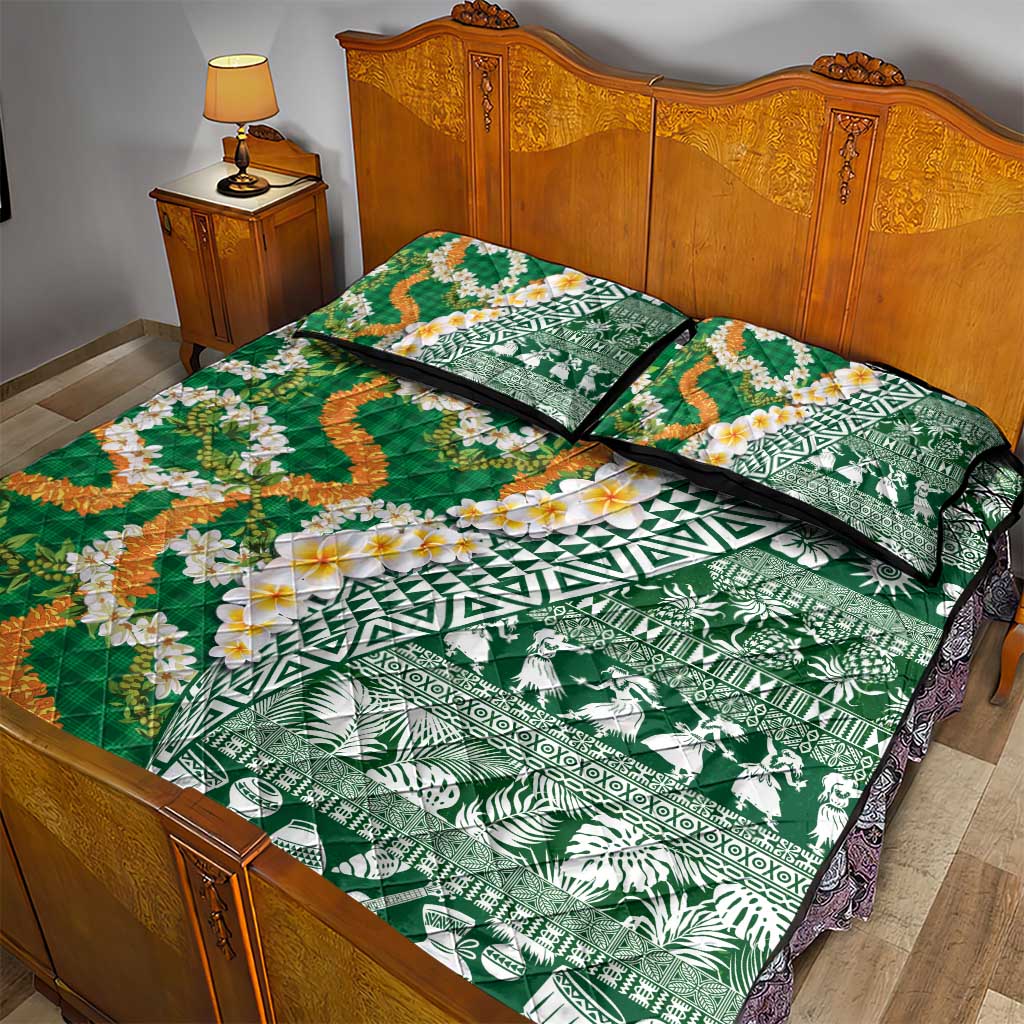 Hawaiian Plumeria Lei Quilt Bed Set Kakau Motifs and Palaka Half Style Green Color LT03 - Polynesian Pride