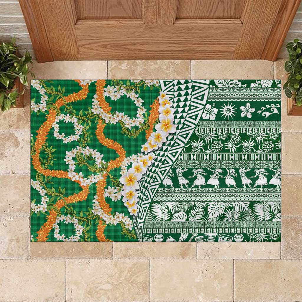 Hawaiian Plumeria Lei Rubber Doormat Kakau Motifs and Palaka Half Style Green Color LT03 Green - Polynesian Pride