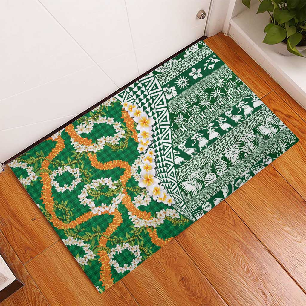 Hawaiian Plumeria Lei Rubber Doormat Kakau Motifs and Palaka Half Style Green Color LT03 - Polynesian Pride