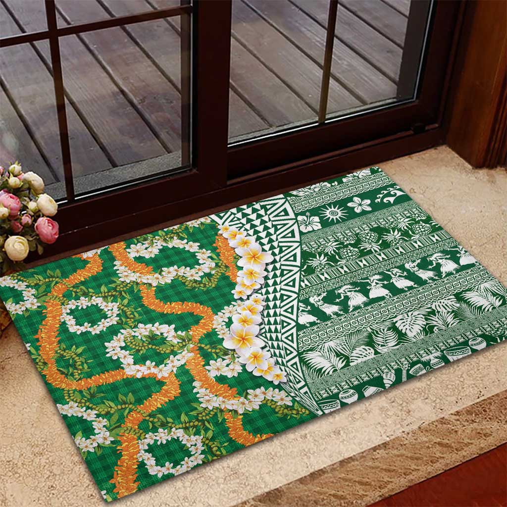 Hawaiian Plumeria Lei Rubber Doormat Kakau Motifs and Palaka Half Style Green Color LT03 - Polynesian Pride