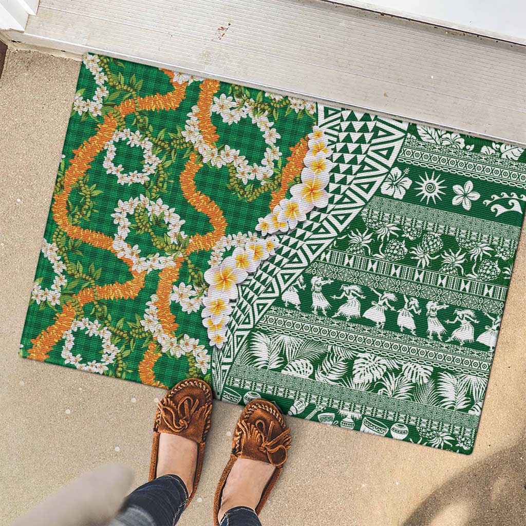 Hawaiian Plumeria Lei Rubber Doormat Kakau Motifs and Palaka Half Style Green Color LT03 - Polynesian Pride