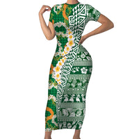 Hawaiian Plumeria Lei Short Sleeve Bodycon Dress Kakau Motifs and Palaka Half Style Green Color - Polynesian Pride