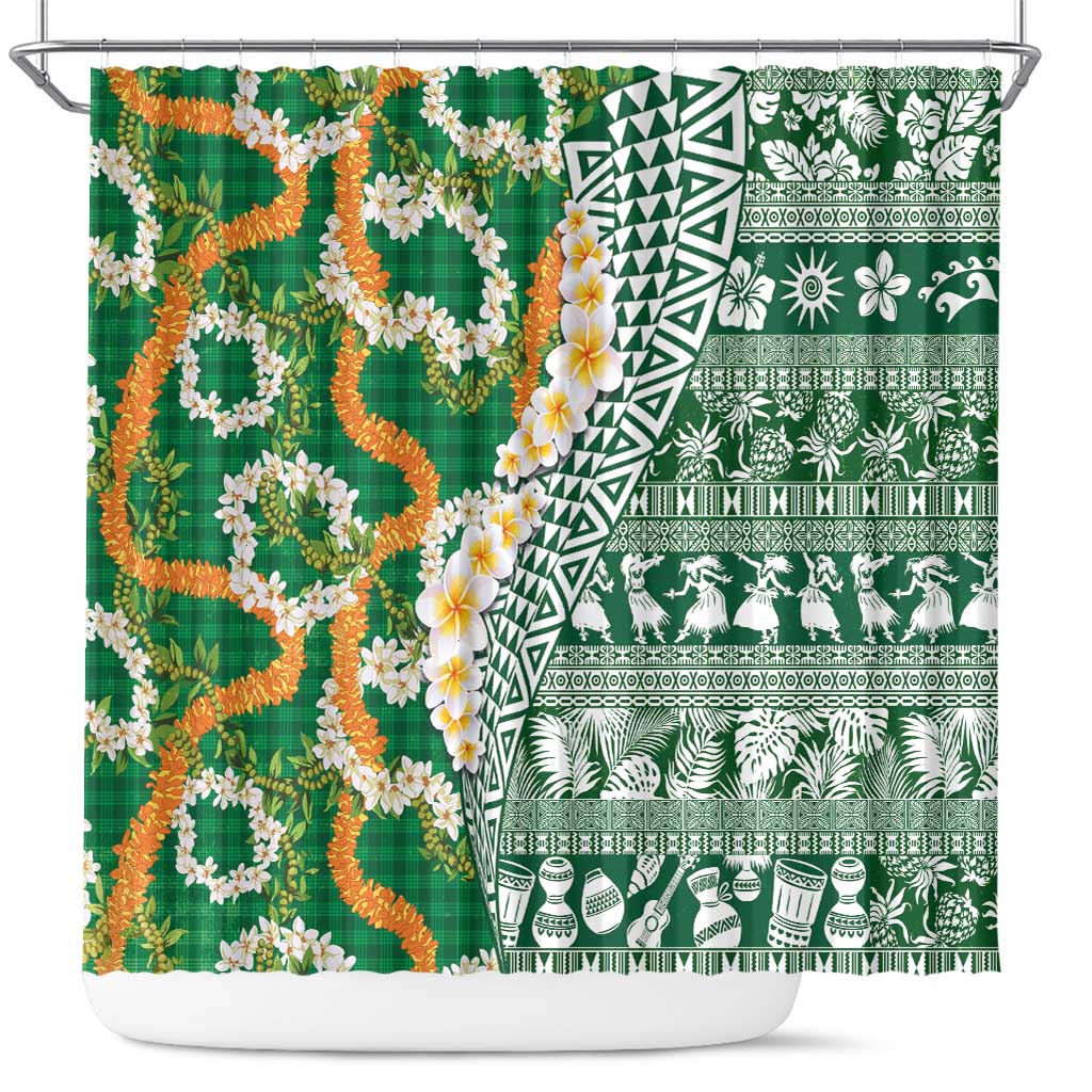 Hawaiian Plumeria Lei Shower Curtain Kakau Motifs and Palaka Half Style Green Color LT03 Green - Polynesian Pride