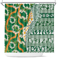 Hawaiian Plumeria Lei Shower Curtain Kakau Motifs and Palaka Half Style Green Color LT03 Green - Polynesian Pride