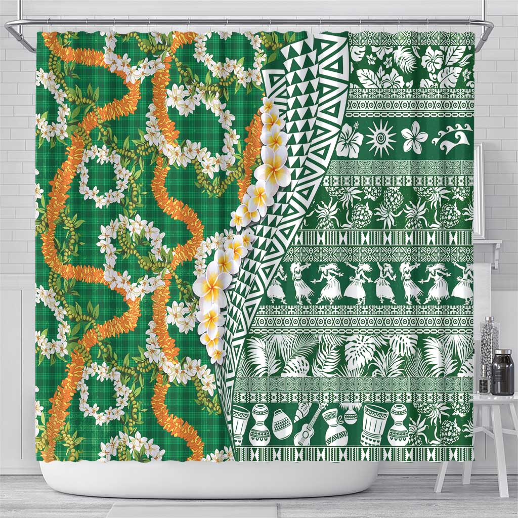 Hawaiian Plumeria Lei Shower Curtain Kakau Motifs and Palaka Half Style Green Color LT03 - Polynesian Pride