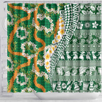 Hawaiian Plumeria Lei Shower Curtain Kakau Motifs and Palaka Half Style Green Color LT03 - Polynesian Pride