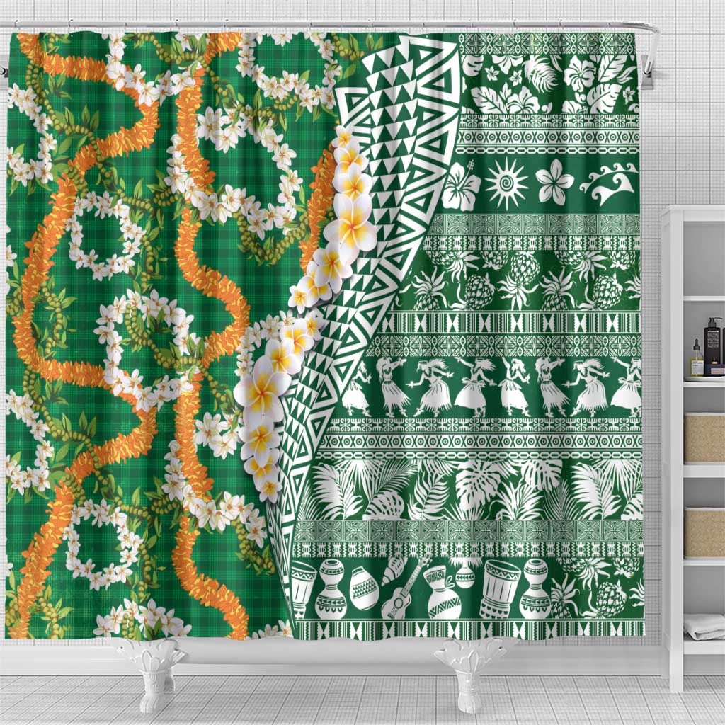 Hawaiian Plumeria Lei Shower Curtain Kakau Motifs and Palaka Half Style Green Color LT03 - Polynesian Pride