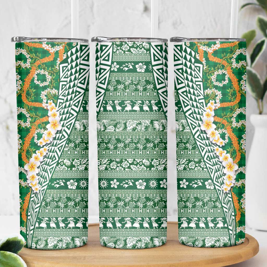 Hawaiian Plumeria Lei Skinny Tumbler Kakau Motifs and Palaka Half Style Green Color - Polynesian Pride