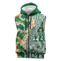 Hawaiian Plumeria Lei Sleeveless Zip Hoodie Kakau Motifs and Palaka Half Style Green Color - Polynesian Pride