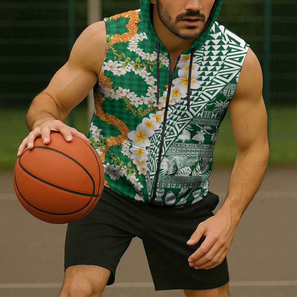 Hawaiian Plumeria Lei Sleeveless Zip Hoodie Kakau Motifs and Palaka Half Style Green Color - Polynesian Pride