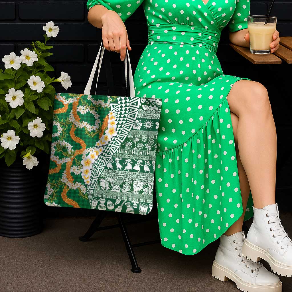 Hawaiian Plumeria Lei Tote Bag Kakau Motifs and Palaka Half Style Green Color - Polynesian Pride