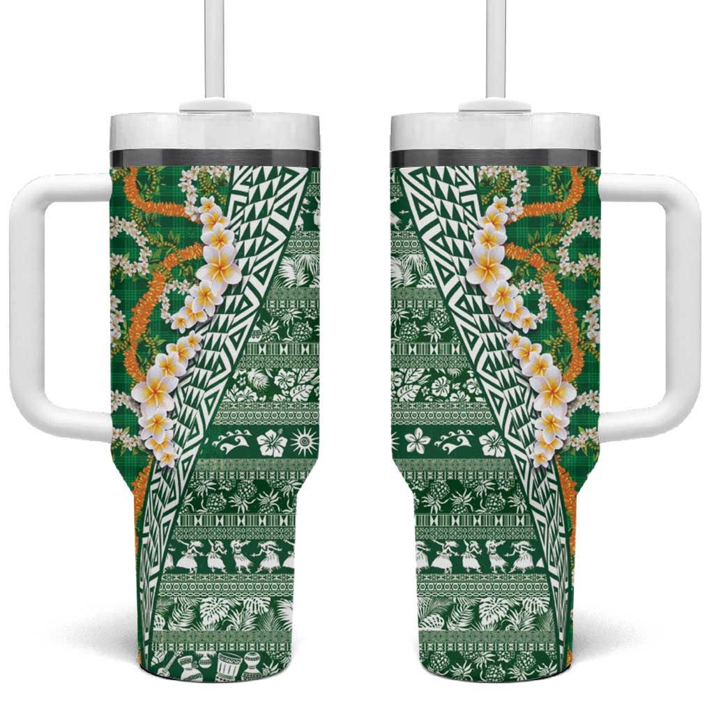 Hawaiian Plumeria Lei Tumbler With Handle Kakau Motifs and Palaka Half Style Green Color LT03 One Size: 40 oz Green - Polynesian Pride