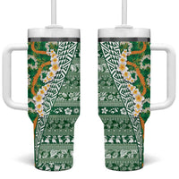 Hawaiian Plumeria Lei Tumbler With Handle Kakau Motifs and Palaka Half Style Green Color LT03 One Size: 40 oz Green - Polynesian Pride