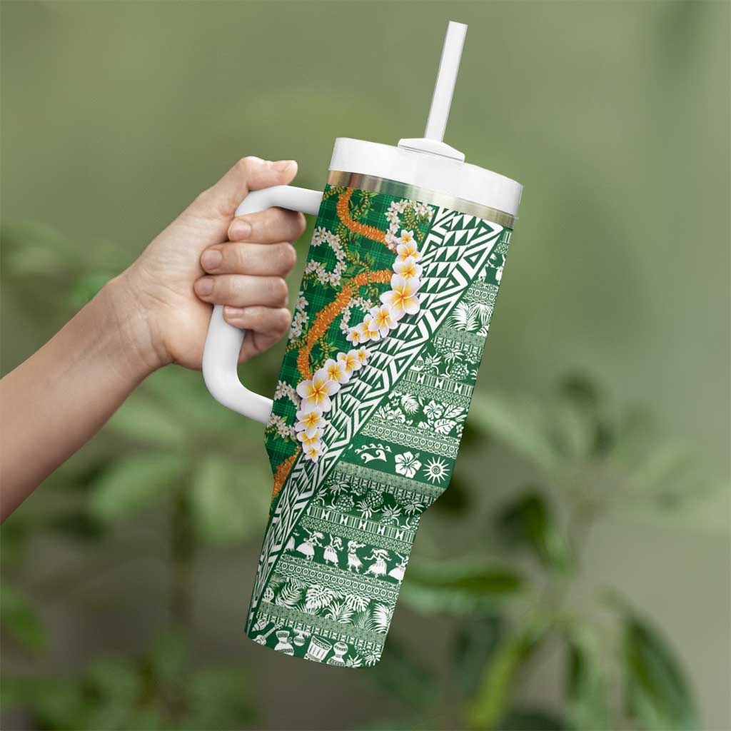 Hawaiian Plumeria Lei Tumbler With Handle Kakau Motifs and Palaka Half Style Green Color LT03 - Polynesian Pride