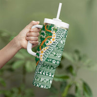 Hawaiian Plumeria Lei Tumbler With Handle Kakau Motifs and Palaka Half Style Green Color LT03 - Polynesian Pride