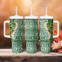Hawaiian Plumeria Lei Tumbler With Handle Kakau Motifs and Palaka Half Style Green Color LT03 - Polynesian Pride