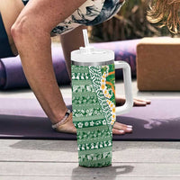 Hawaiian Plumeria Lei Tumbler With Handle Kakau Motifs and Palaka Half Style Green Color LT03 - Polynesian Pride