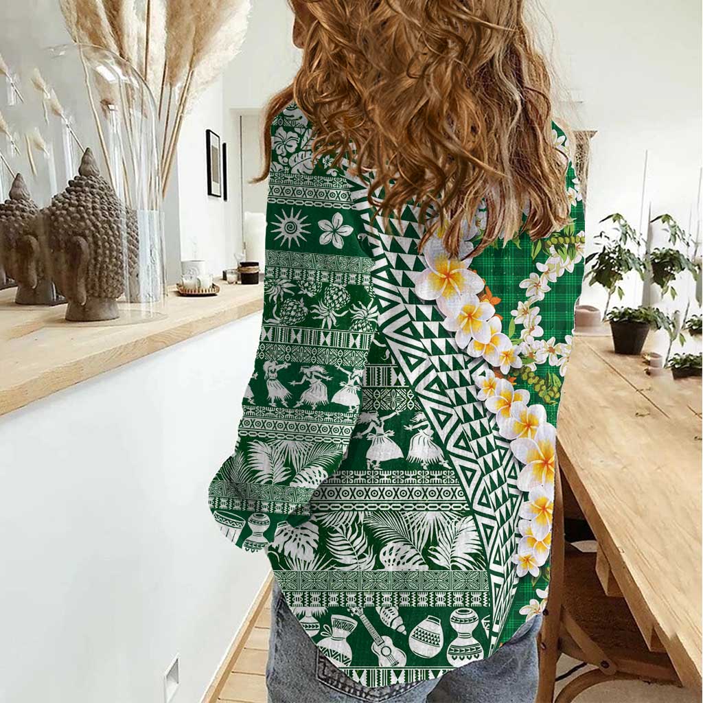 Hawaiian Plumeria Lei Women Casual Shirt Kakau Motifs and Palaka Half Style Green Color - Polynesian Pride