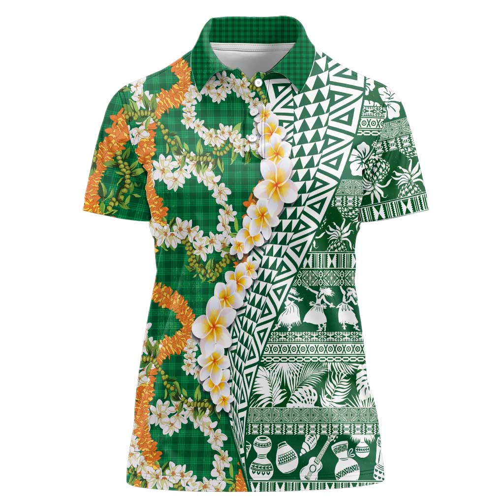 Hawaiian Plumeria Lei Women Polo Shirt Kakau Motifs and Palaka Half Style Green Color - Polynesian Pride