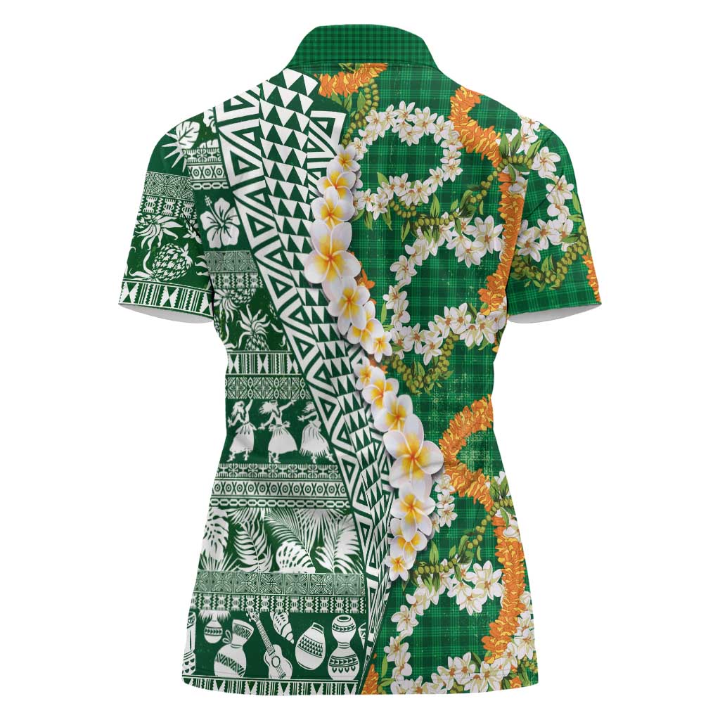 Hawaiian Plumeria Lei Women Polo Shirt Kakau Motifs and Palaka Half Style Green Color - Polynesian Pride
