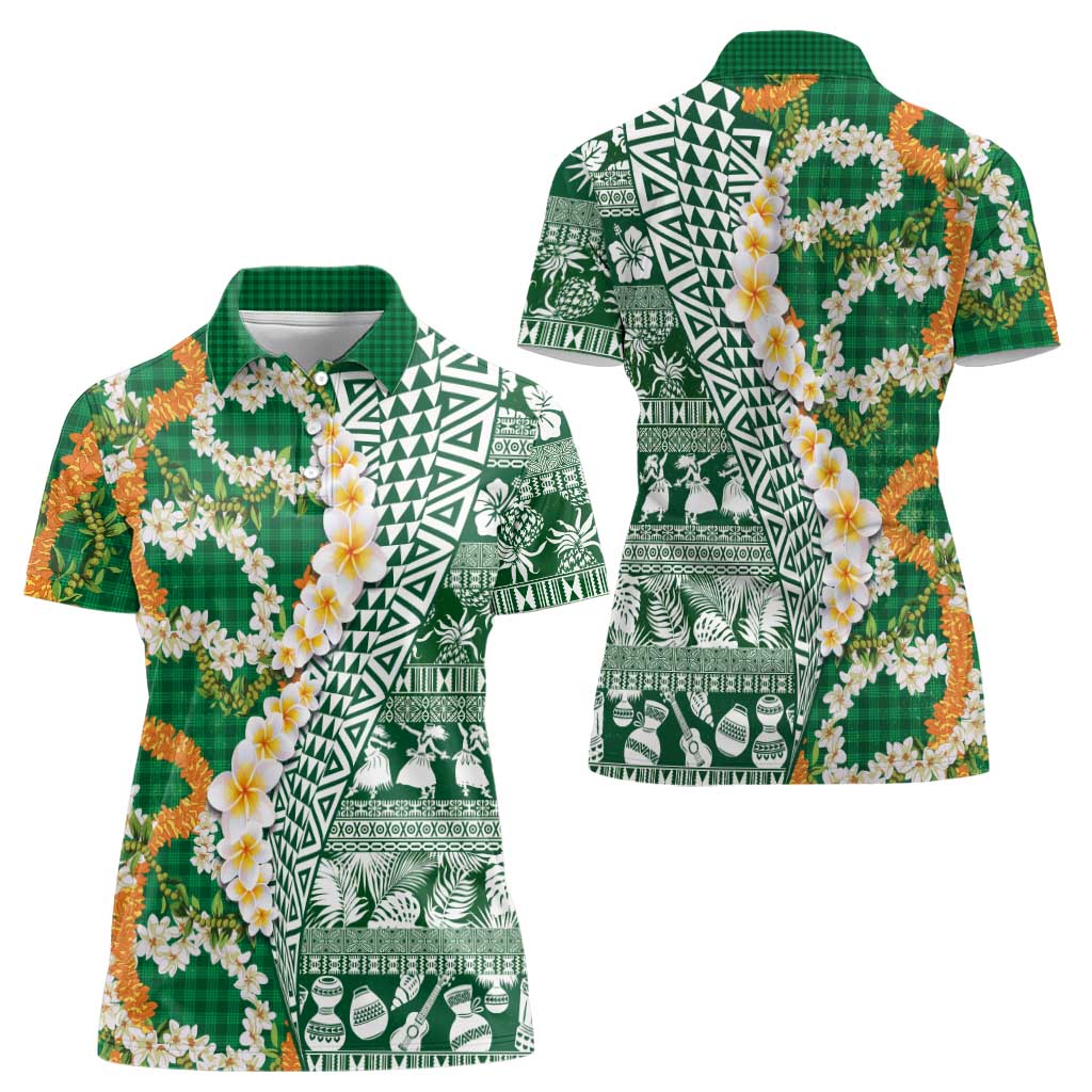 Hawaiian Plumeria Lei Women Polo Shirt Kakau Motifs and Palaka Half Style Green Color - Polynesian Pride