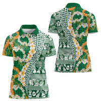 Hawaiian Plumeria Lei Women Polo Shirt Kakau Motifs and Palaka Half Style Green Color - Polynesian Pride