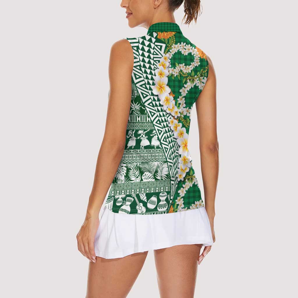 Hawaiian Plumeria Lei Women Sleeveless Polo Shirt Kakau Motifs and Palaka Half Style Green Color - Polynesian Pride