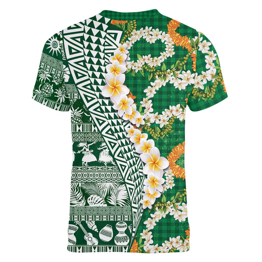 Hawaiian Plumeria Lei Women V-Neck T-Shirt Kakau Motifs and Palaka Half Style Green Color - Polynesian Pride