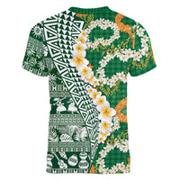 Hawaiian Plumeria Lei Women V-Neck T-Shirt Kakau Motifs and Palaka Half Style Green Color - Polynesian Pride