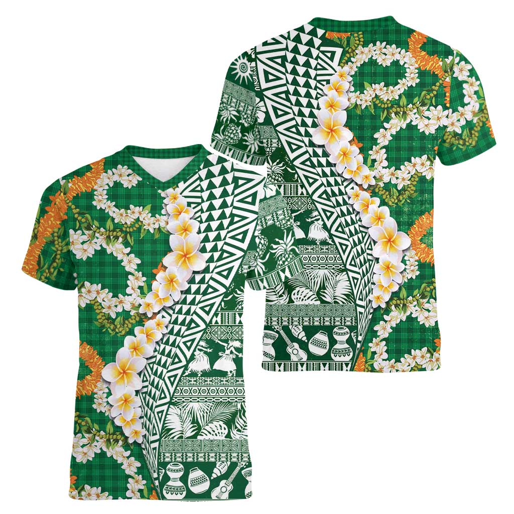 Hawaiian Plumeria Lei Women V-Neck T-Shirt Kakau Motifs and Palaka Half Style Green Color - Polynesian Pride
