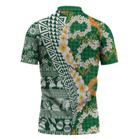 Hawaiian Plumeria Lei Zipper Polo Shirt Kakau Motifs and Palaka Half Style Green Color - Polynesian Pride