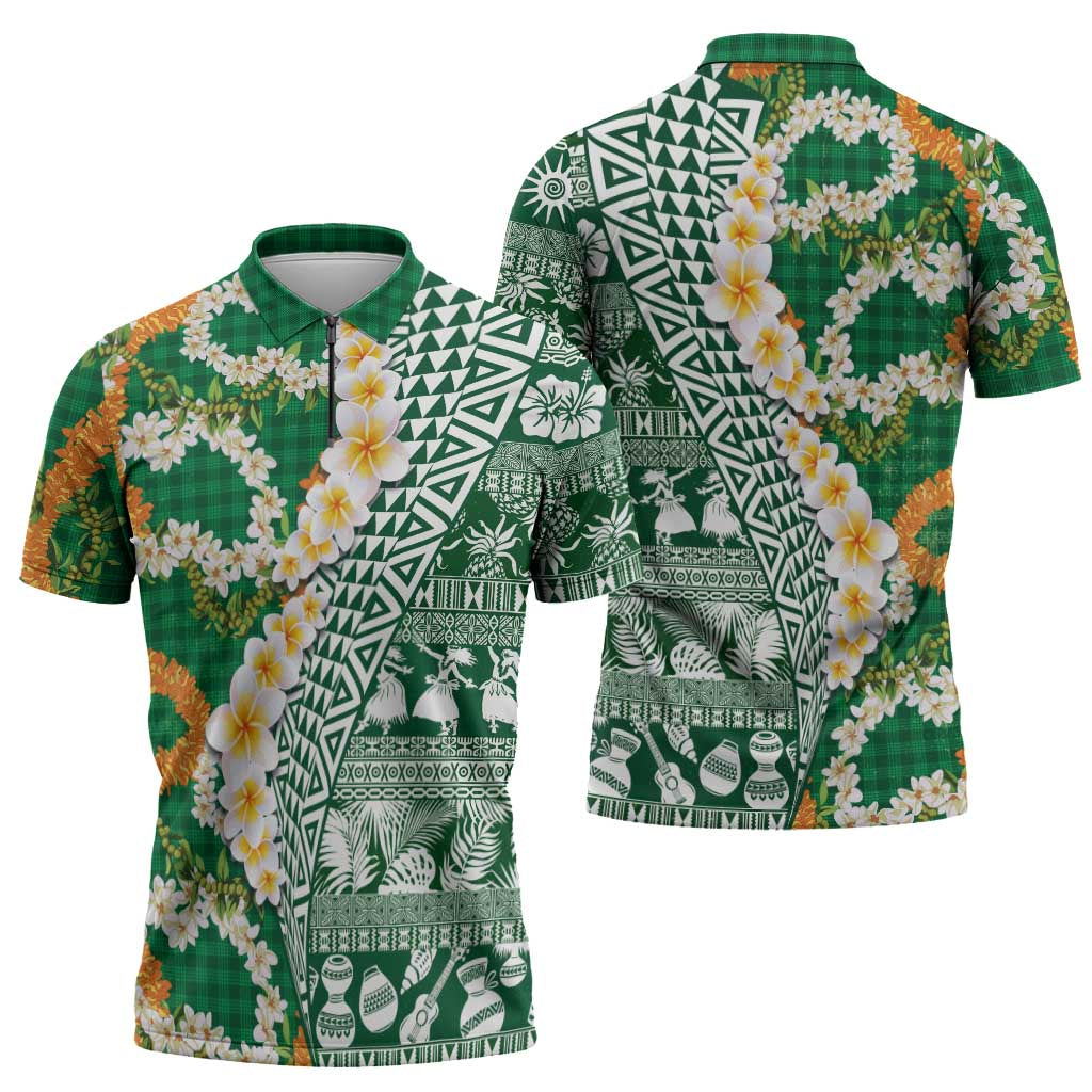 Hawaiian Plumeria Lei Zipper Polo Shirt Kakau Motifs and Palaka Half Style Green Color - Polynesian Pride