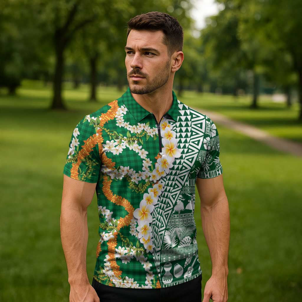 Hawaiian Plumeria Lei Zipper Polo Shirt Kakau Motifs and Palaka Half Style Green Color - Polynesian Pride