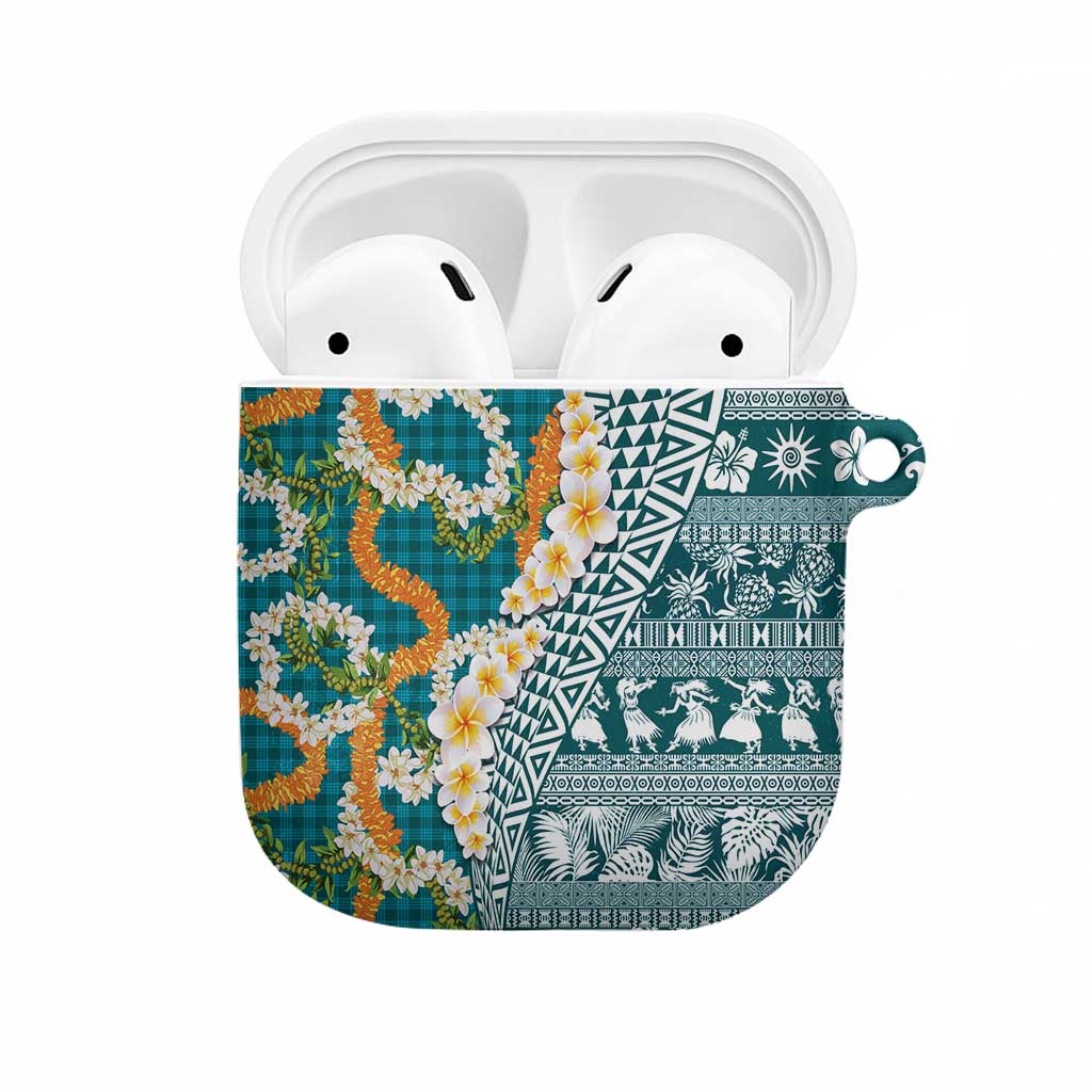 Hawaiian Plumeria Lei AirPods Case Kakau Motifs and Palaka Half Style Turquoise Color LT03 Turquoise - Polynesian Pride