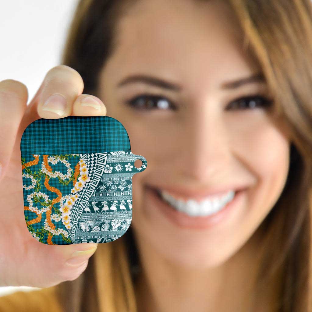 Hawaiian Plumeria Lei AirPods Case Kakau Motifs and Palaka Half Style Turquoise Color LT03 - Polynesian Pride