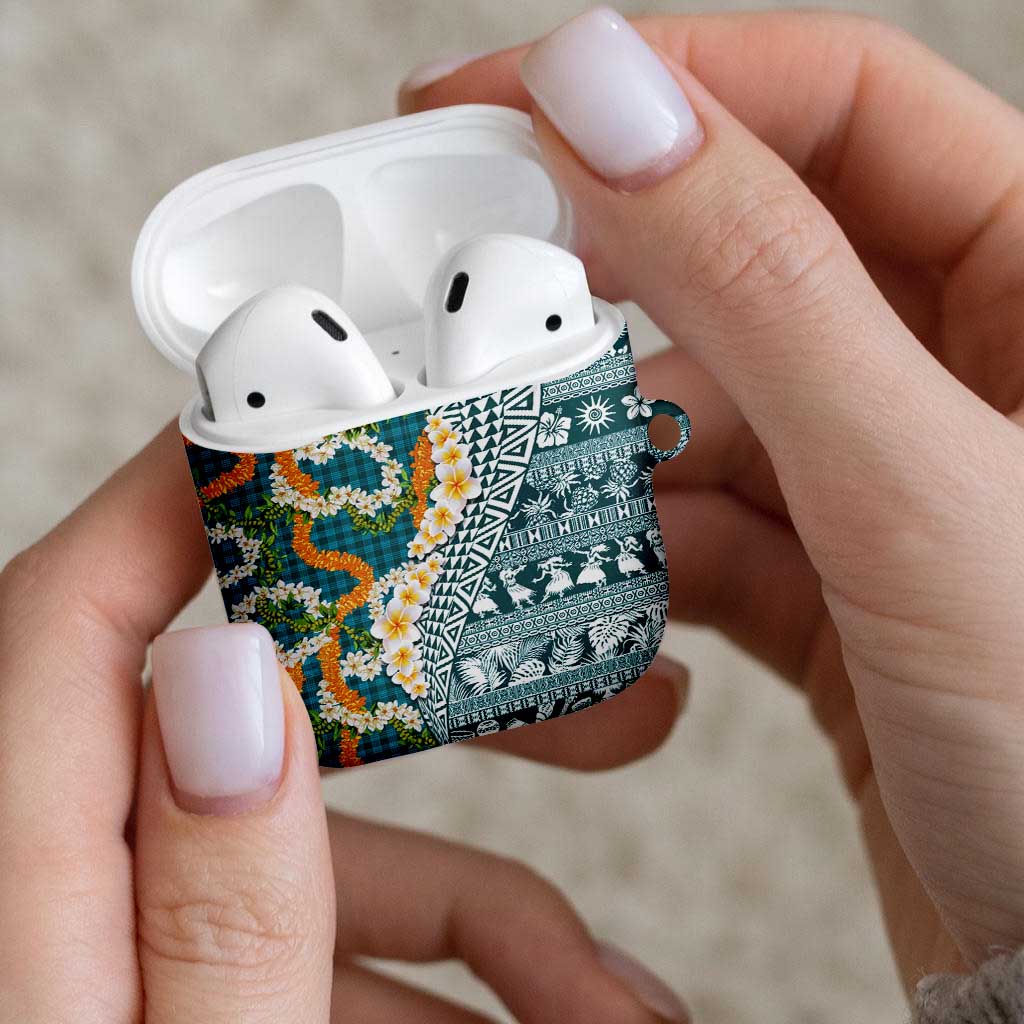 Hawaiian Plumeria Lei AirPods Case Kakau Motifs and Palaka Half Style Turquoise Color LT03 - Polynesian Pride