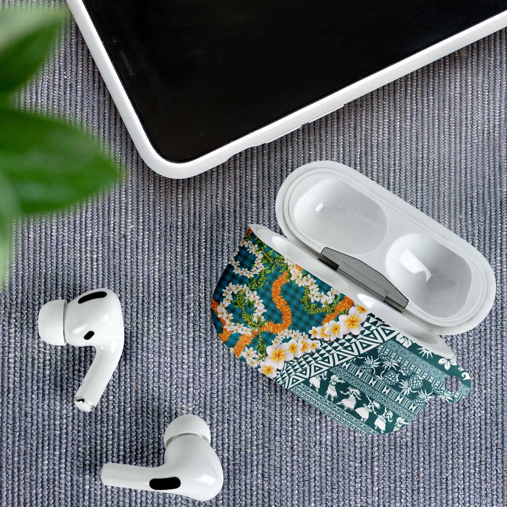 Hawaiian Plumeria Lei AirPods Case Kakau Motifs and Palaka Half Style Turquoise Color LT03 - Polynesian Pride