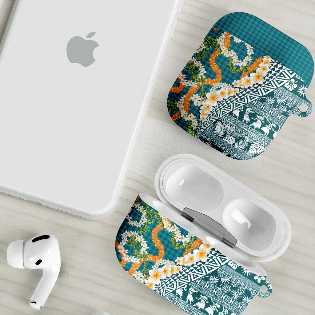 Hawaiian Plumeria Lei AirPods Case Kakau Motifs and Palaka Half Style Turquoise Color LT03 - Polynesian Pride