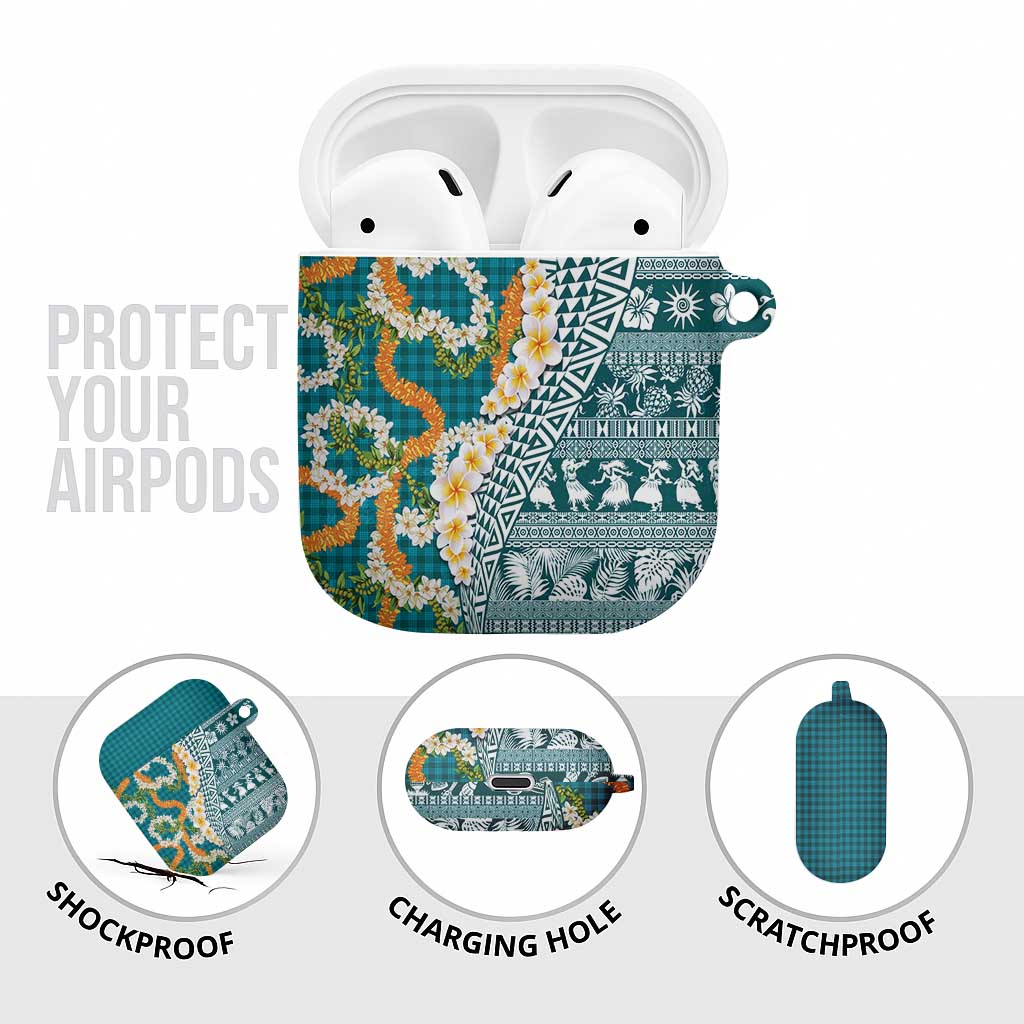 Hawaiian Plumeria Lei AirPods Case Kakau Motifs and Palaka Half Style Turquoise Color LT03 - Polynesian Pride