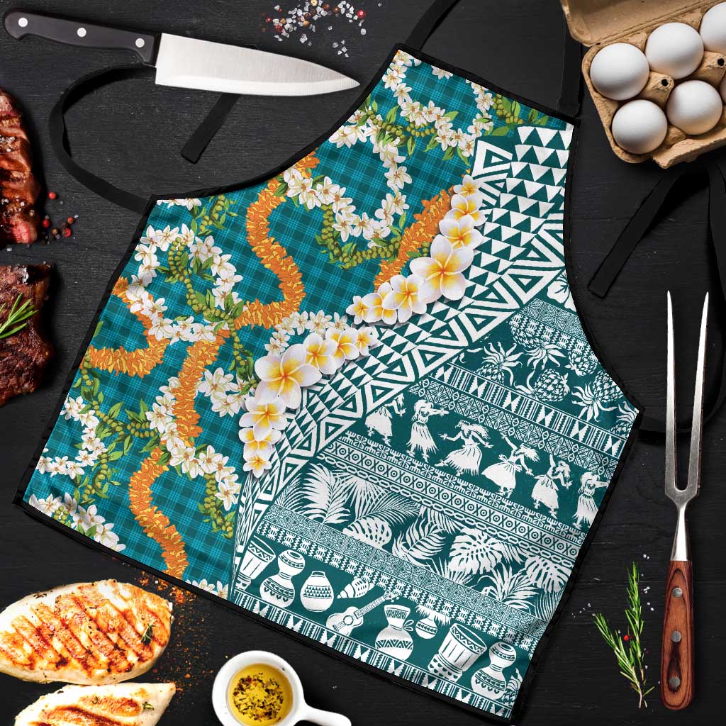 Hawaiian Plumeria Lei Apron Kakau Motifs and Palaka Half Style Turquoise Color LT03 Turquoise - Polynesian Pride