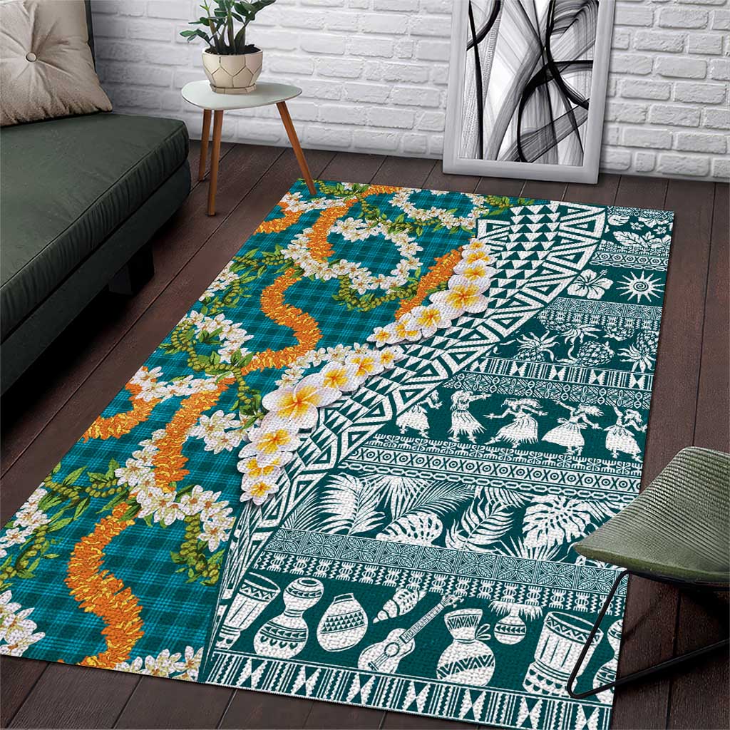 Hawaiian Plumeria Lei Area Rug Kakau Motifs and Palaka Half Style Turquoise Color LT03 Turquoise - Polynesian Pride