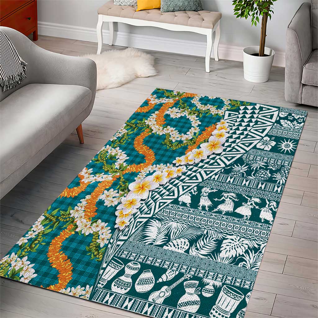 Hawaiian Plumeria Lei Area Rug Kakau Motifs and Palaka Half Style Turquoise Color LT03 - Polynesian Pride