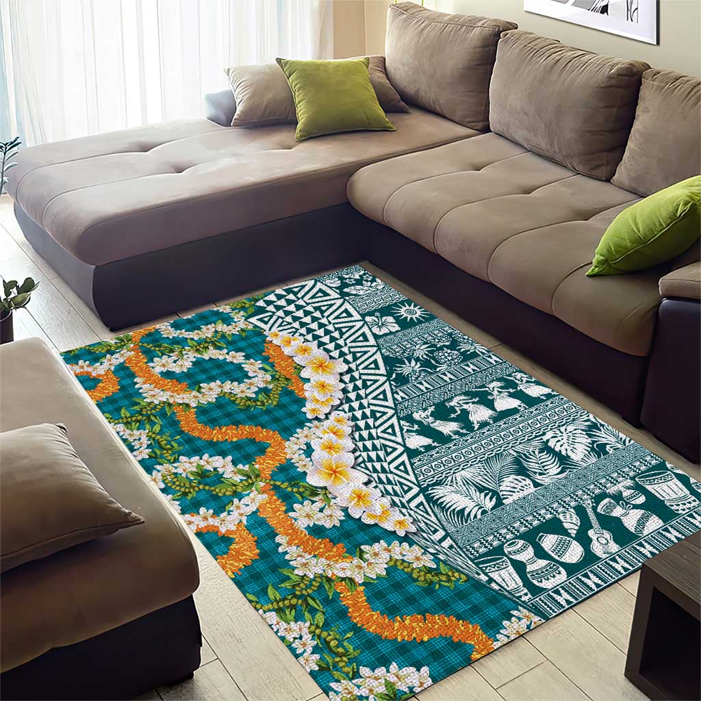 Hawaiian Plumeria Lei Area Rug Kakau Motifs and Palaka Half Style Turquoise Color LT03 - Polynesian Pride